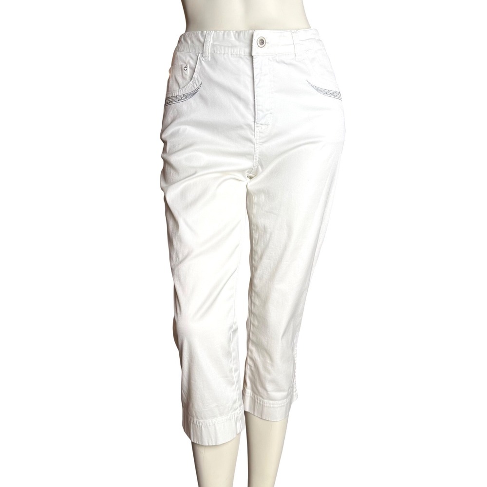 Simon Chang White Capri Pants Crystal Detail Leg Zipper Y2K Elevated Basic Sz 4